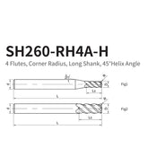 G-SH260-RH4A-H  4 Flutes, Corner Radius, Long Shank, 45°Helix Angle - Big-tools Industrial Supply Tools for Metal Cutting